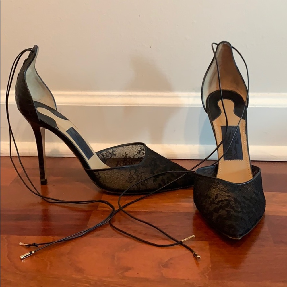 Black Ferragamo lace tie pumps
